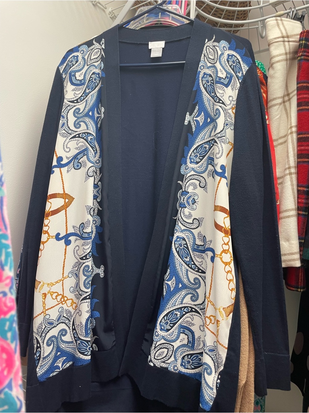 Chico's Navy Blue Scarf front Cardigan with Paisley